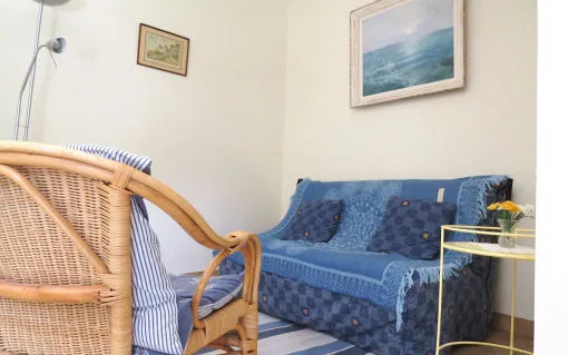Sofá cama azul y sillón de mimbre en el salón